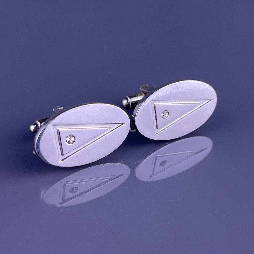 Triangle Flag White Rhinestone Silver Tone Cufflinks Oval Simple Vintage
